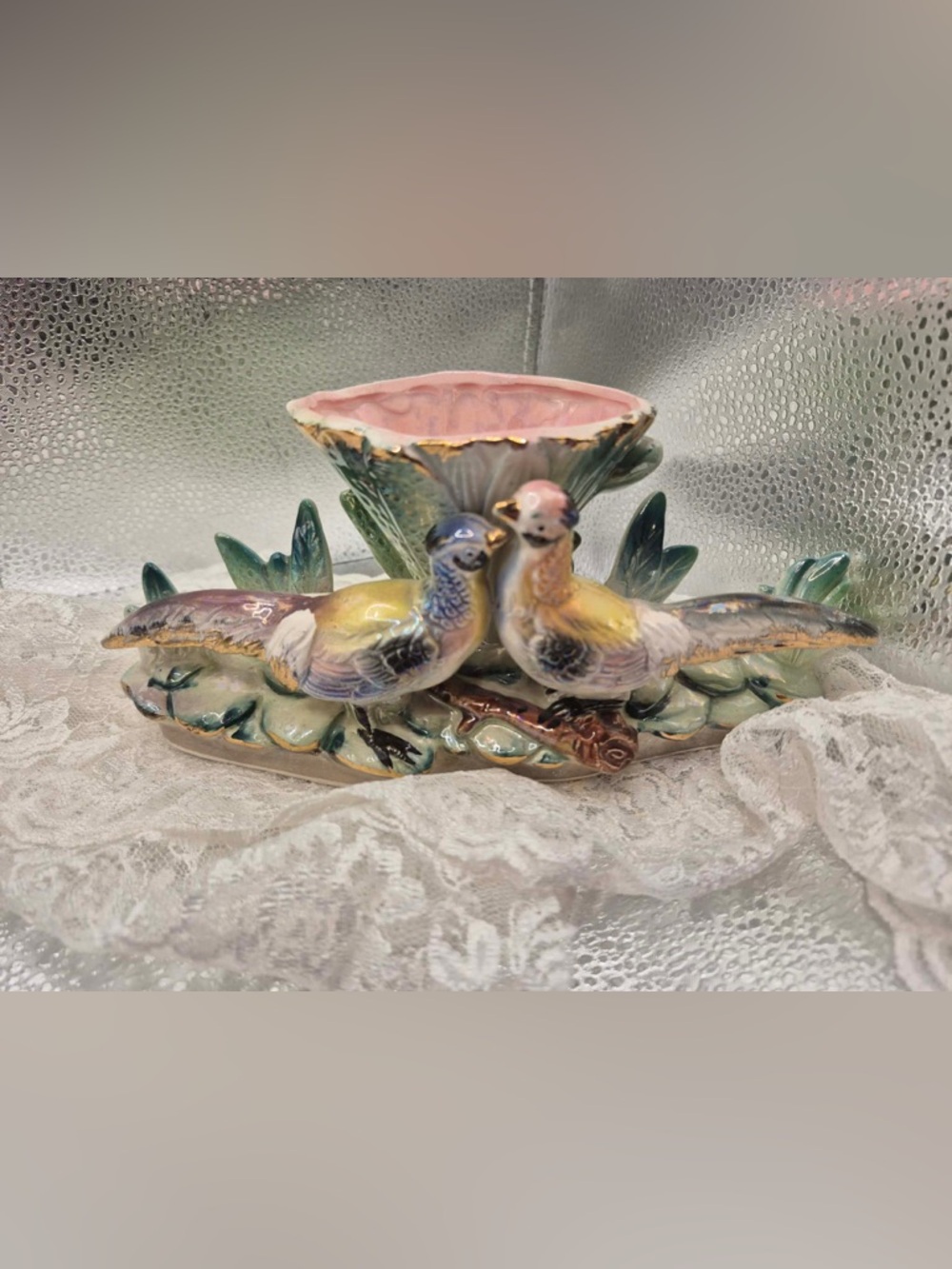 Vintage Lusterware Planter Vase With Pheasant Pair - Unique Kitsch Cabin Decor